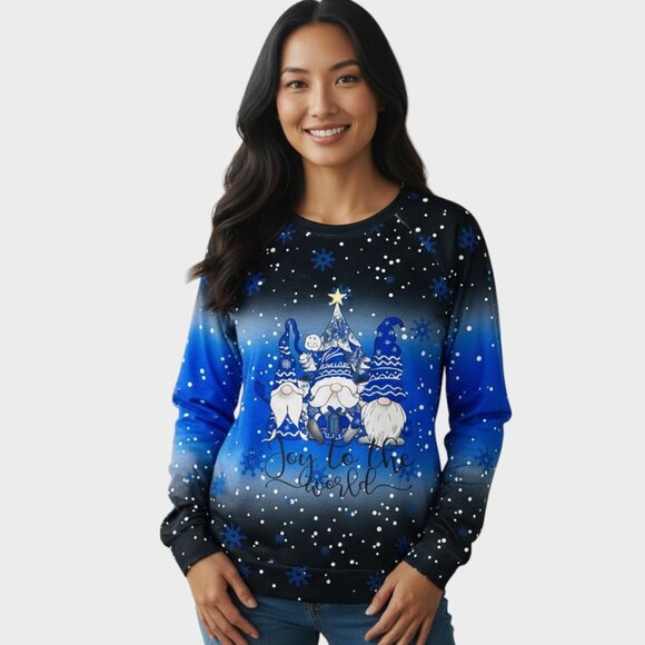 Christmas Sweater Womens 2XL Blue Joy to The World Top Gnome Santa Snowflakes - Picture 1 of 14